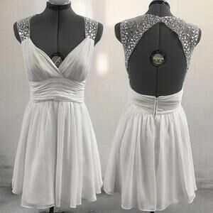 White Chiffon Beaded Open Back Cocktail Dress Bridal Formal Mini Size 9